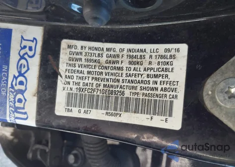 2016 Honda Civic Ex из США, поврежденный, VIN 19XFC2F71GE089256